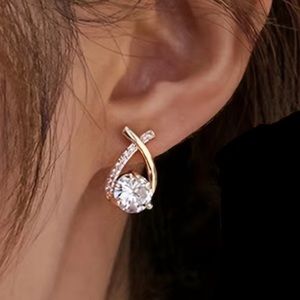 Gold Toned Diamond Dewdrop Stud Earrings